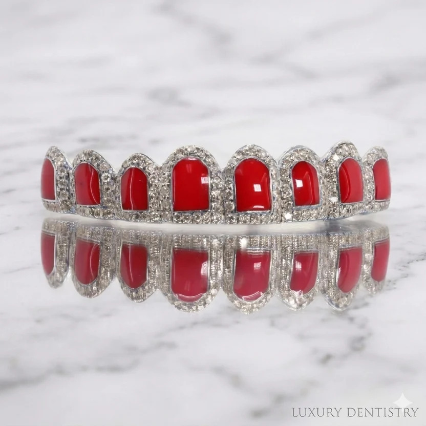 Red Candy Paint White Gold Diamond Pave Grillz