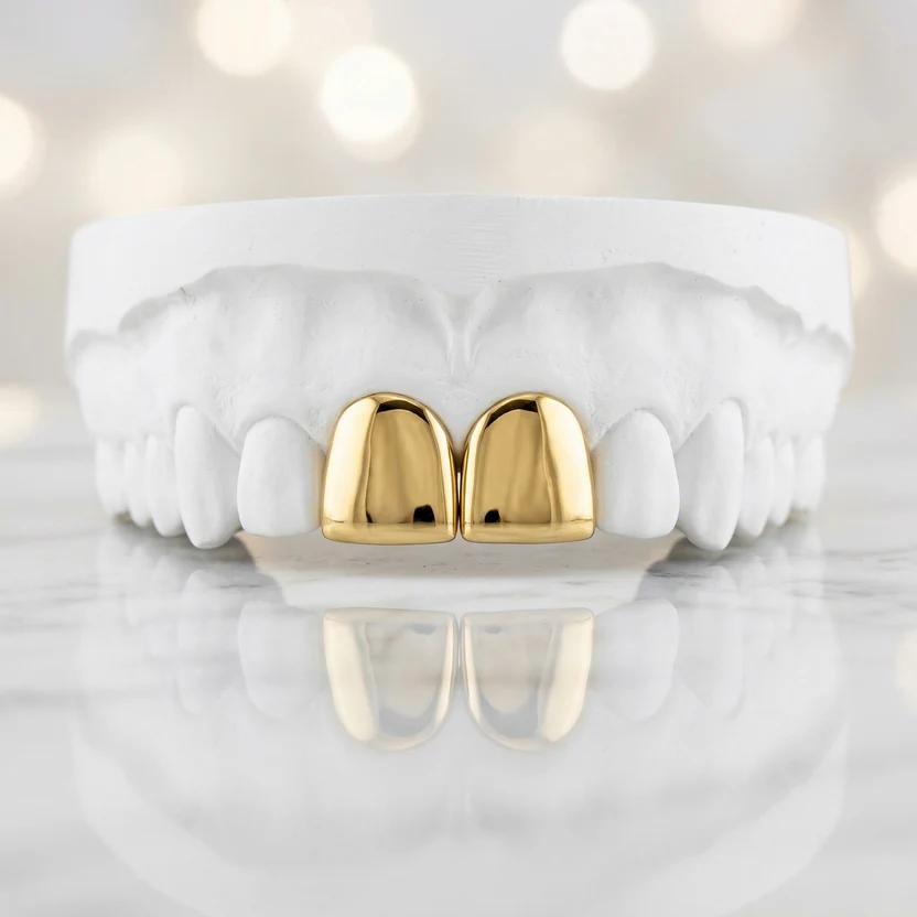 Yellow Gold Two Front Tooth Solid Caps