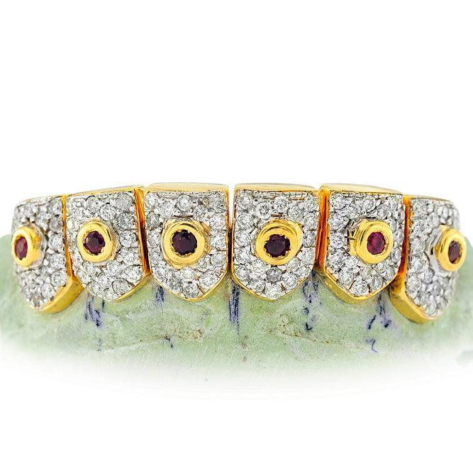 Two Tone Diamond Pave Bottom Grillz With Ruby Centers