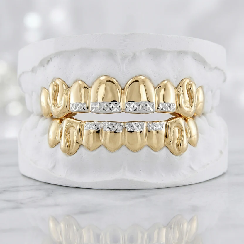 Yellow Gold Top & Bottom Set with Diamond Cut Bars