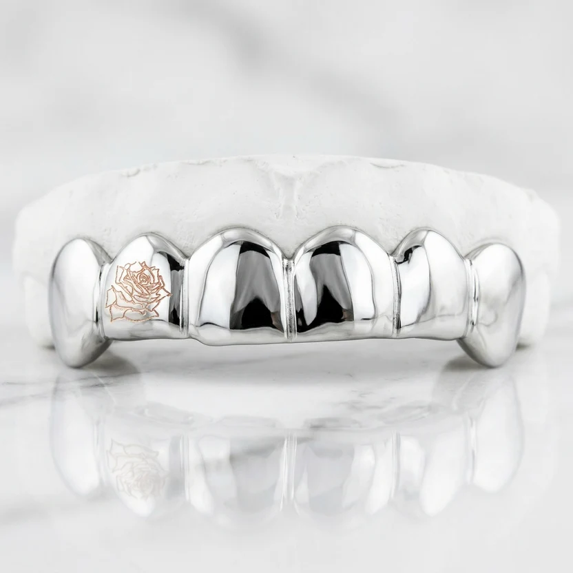 Solid White Gold Fang Grillz with Rose Gold Engraving
