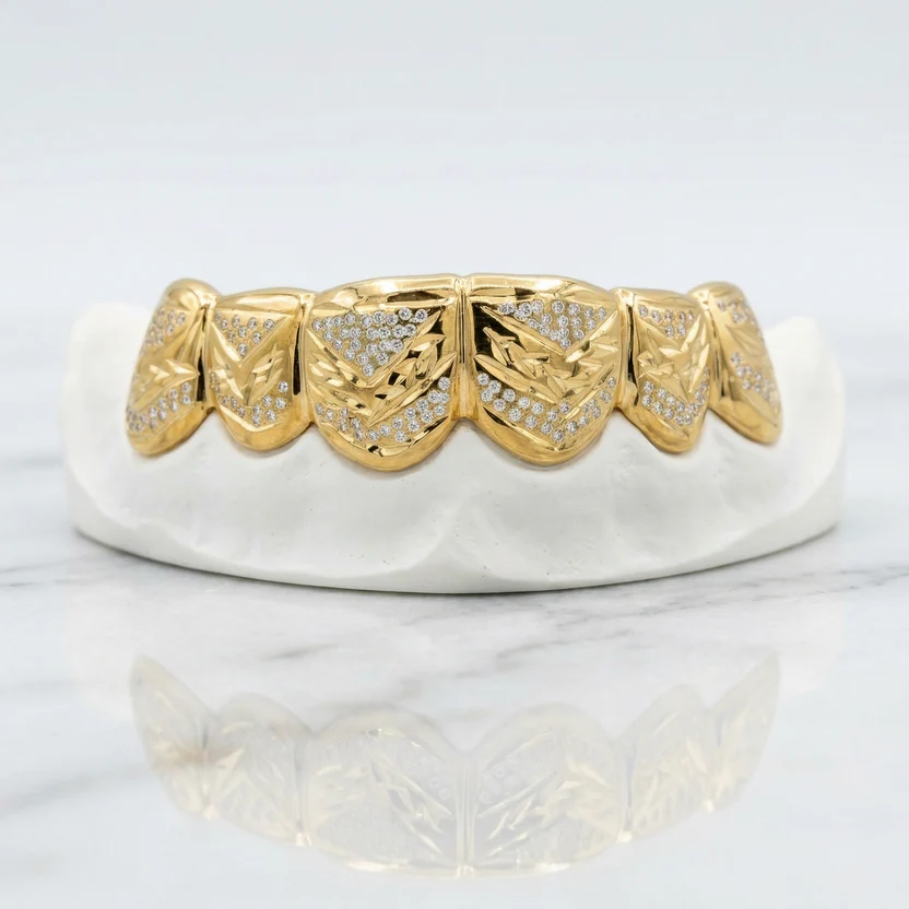 Yellow Gold Hand Engraved Grillz with Diamond Accents