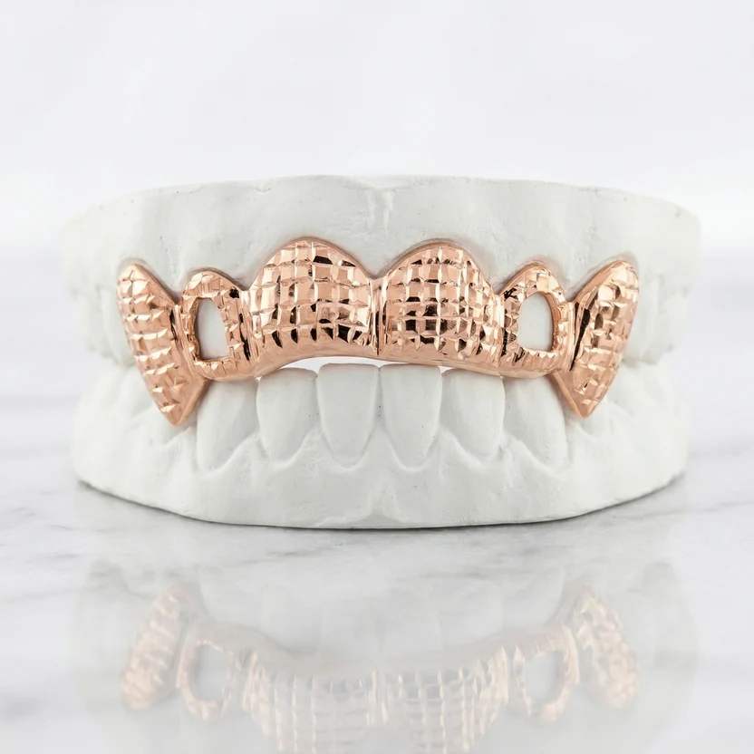 Rose Gold Diamond Cut Open Face Fang Grillz