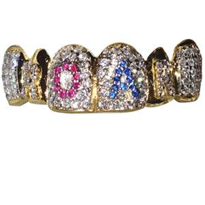 Custom Initials Pink & Blue Stone Diamond Grillz
