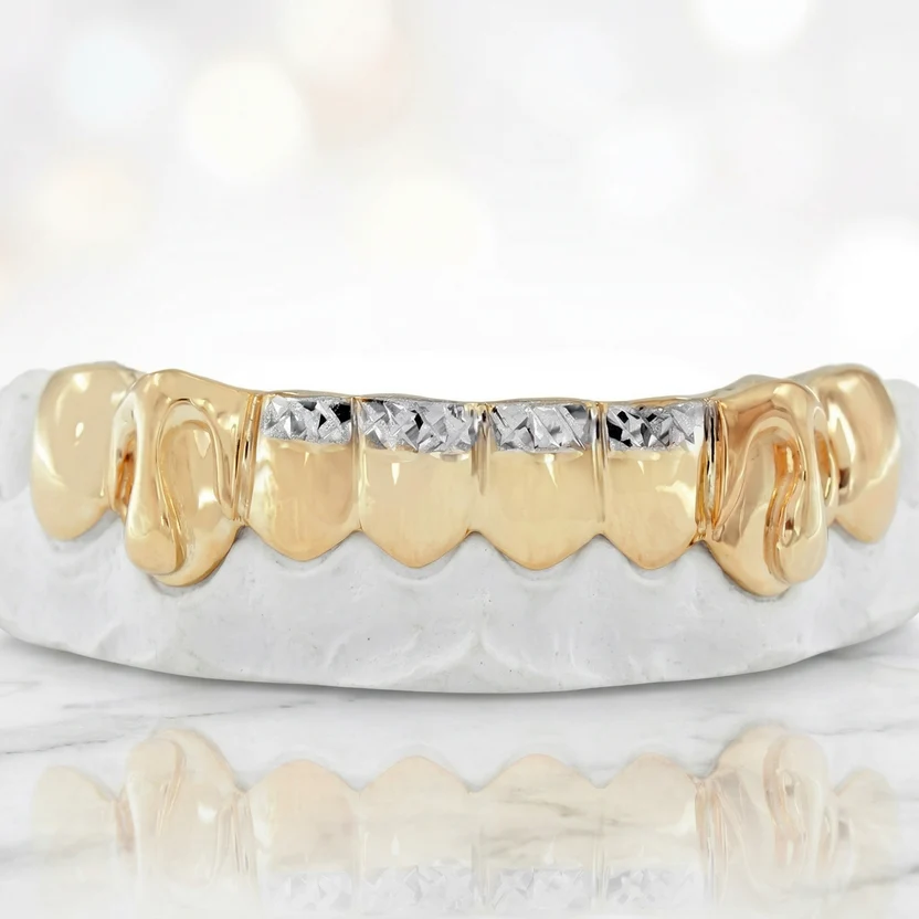 Yellow Gold Drip Grillz with Diamond Cut Center Bar