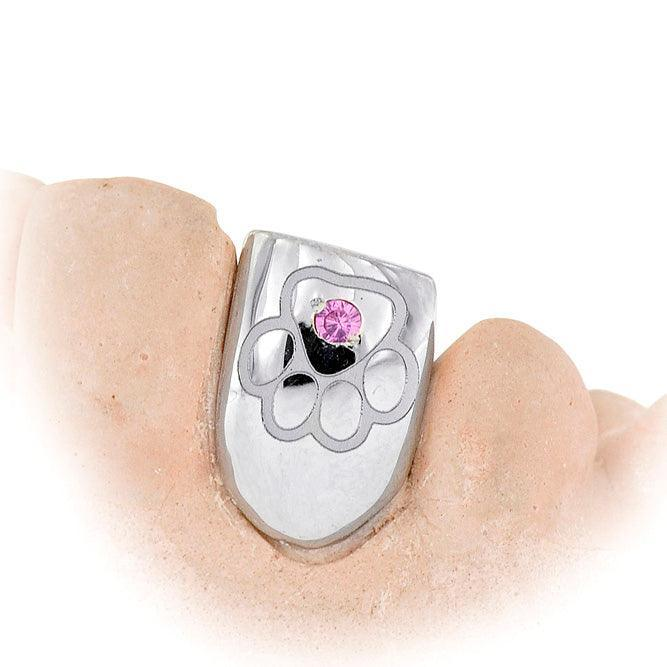 White Gold Paw Print Single Cap with Pink Stone