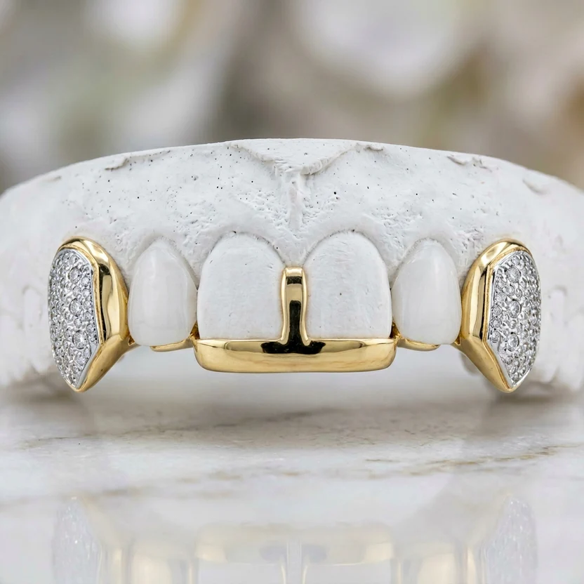 Diamond Fangs with Gold Center Bar Grillz