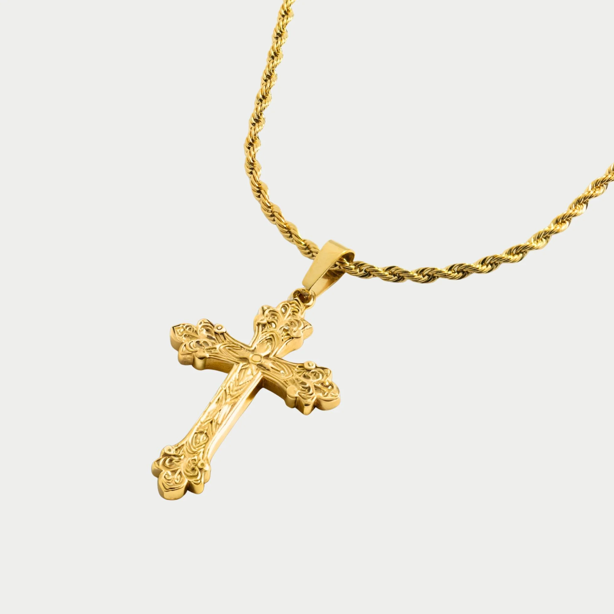Ornate Gold Cross Pendant with Rope Chain