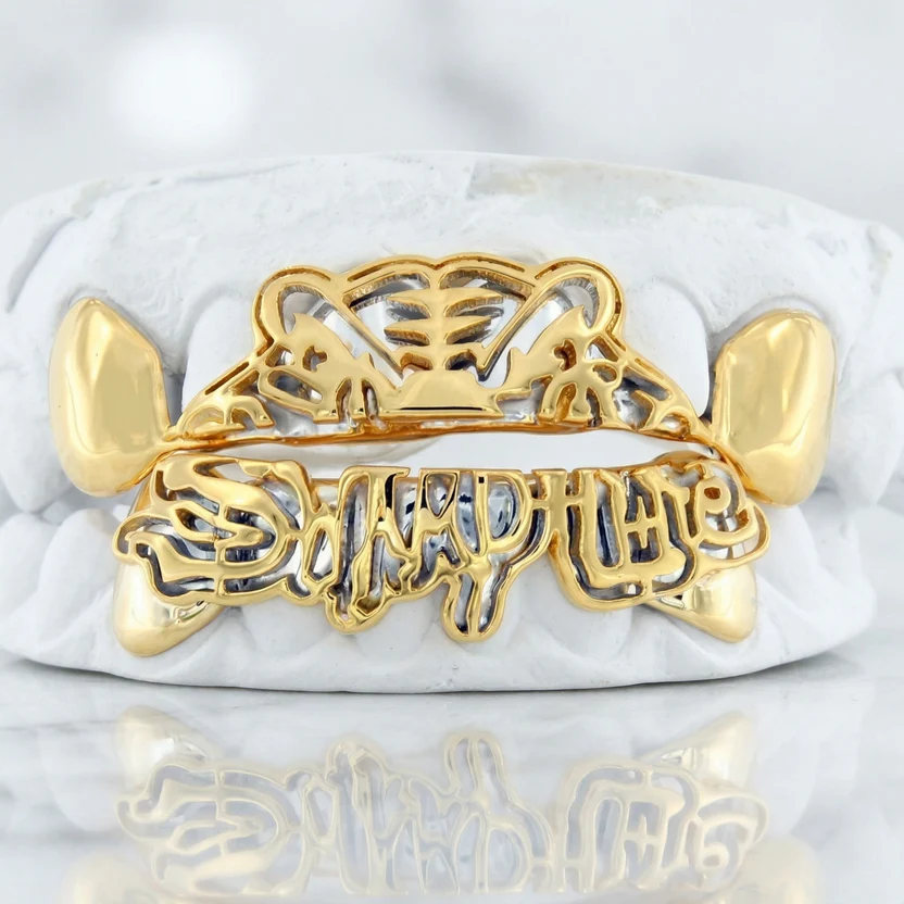 Custom Script Name Top & Bottom Gold Grillz With Fangs