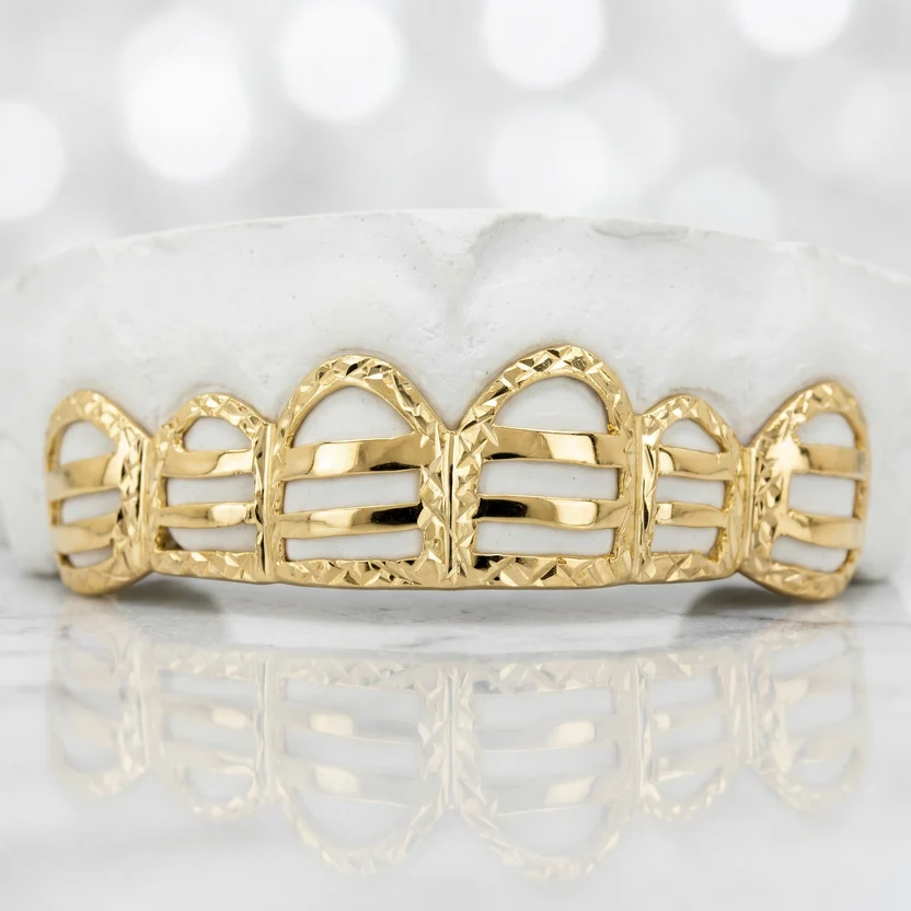 Yellow Gold Diamond Cut Open Face 6 Piece Grillz