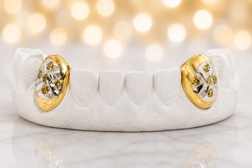 Two Tone Diamond Cross Fang Grillz