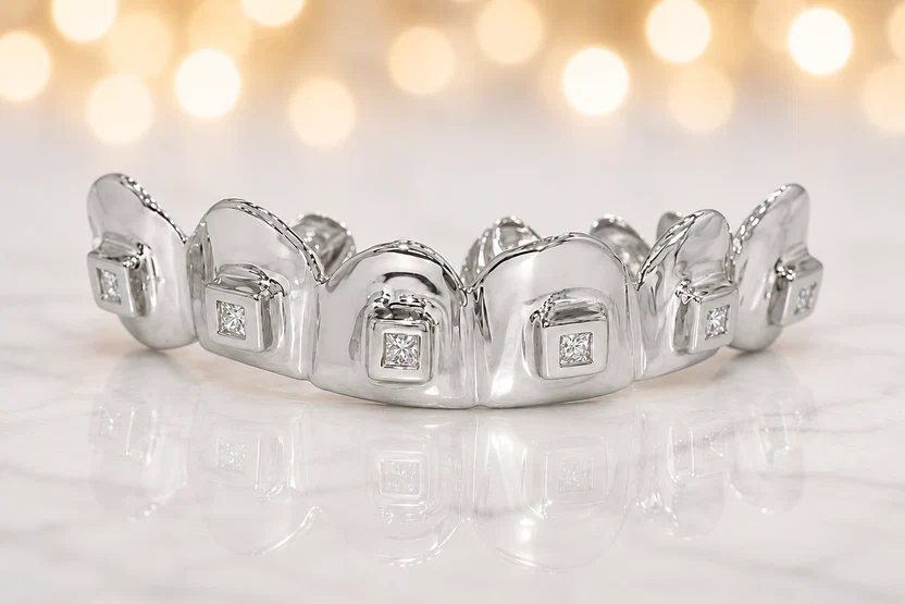 White Gold Princess Cut Invisible Set Grillz