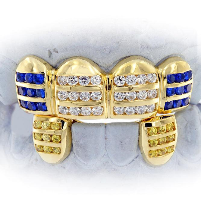 Blue & Yellow Sapphire Diamond Grillz With Fangs